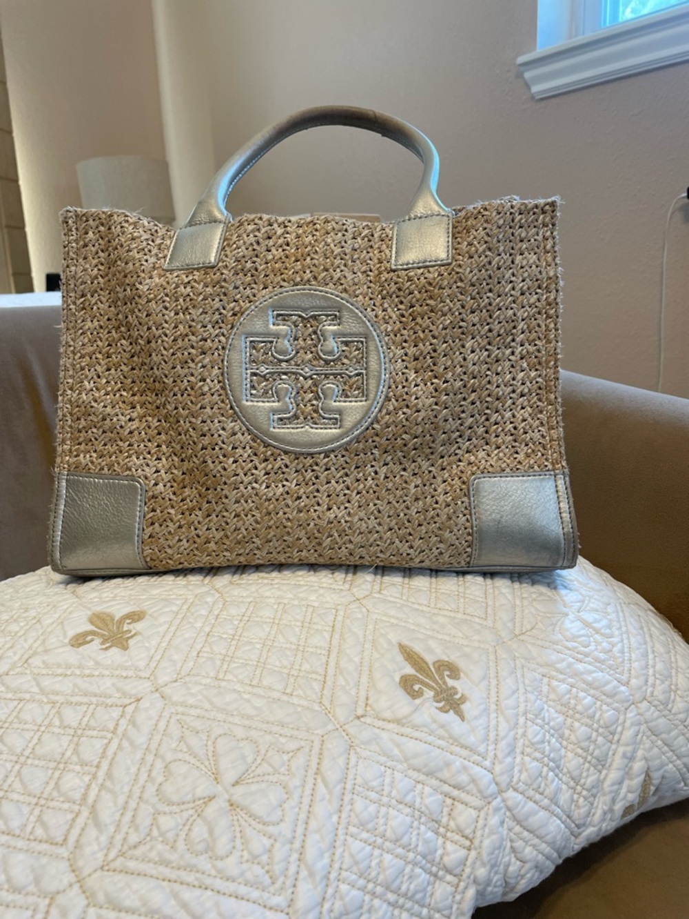 Tory Burch Straw Tote with Metallic silverTrim